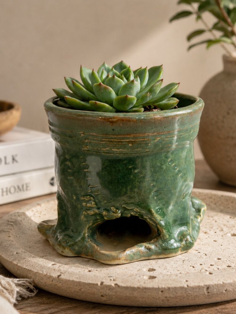 Signed MF Handmade Green Glazed Ceramic Planter Rustic Footed Studio Pottery 4.5 - Picture 2 of 9